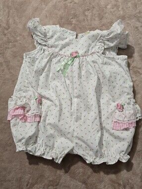 GAP White Baby Romper with Pink Rose Buds And Pink Gingham Ruffles